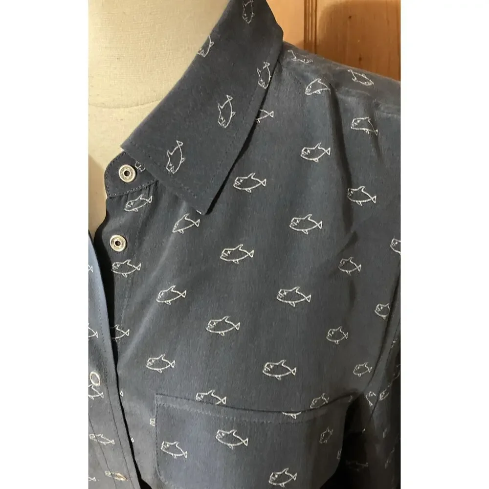 Adriano Goldschmied‎ Alena Silk Shirt Women's Sz L Navy Snap Fish Shark Print - Picture 6 of 11